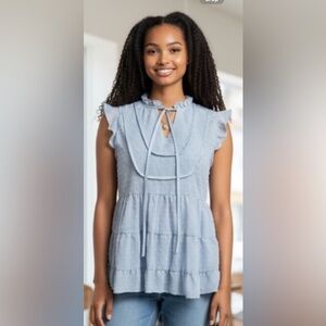 Elegant Blue Romantic Ruffled Swiss Dot Peplum Blouse